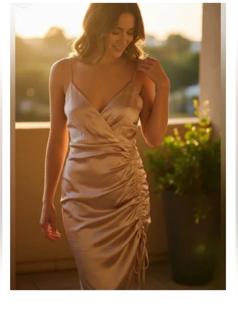 Satin Ruched Midi Slip Dress in Champagne